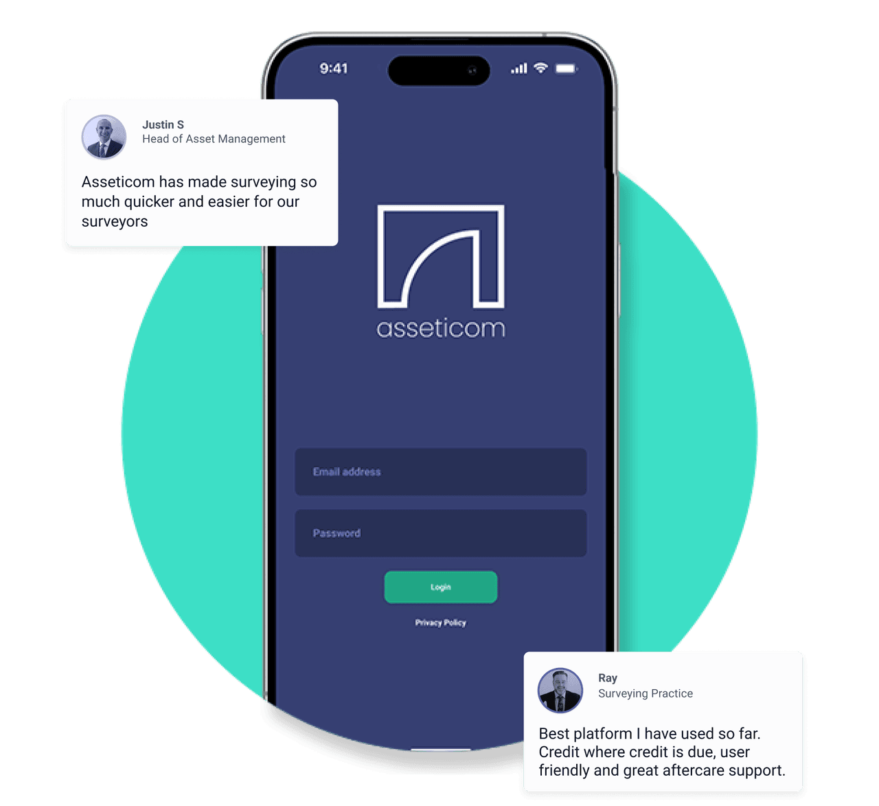 Phone displaying log in screen for Asseticom App